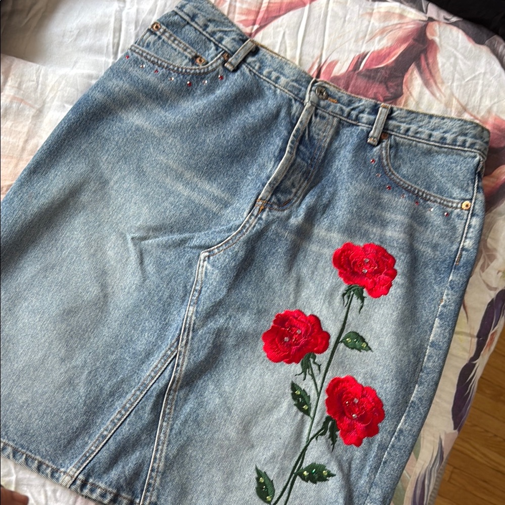 Denim Skirt with Red Rose Embroidery